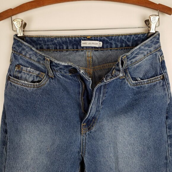 Avec Les Filles Straight Leg Jeans High Rise Distressed Split Hem Womens Size 2 - Picture 7 of 11
